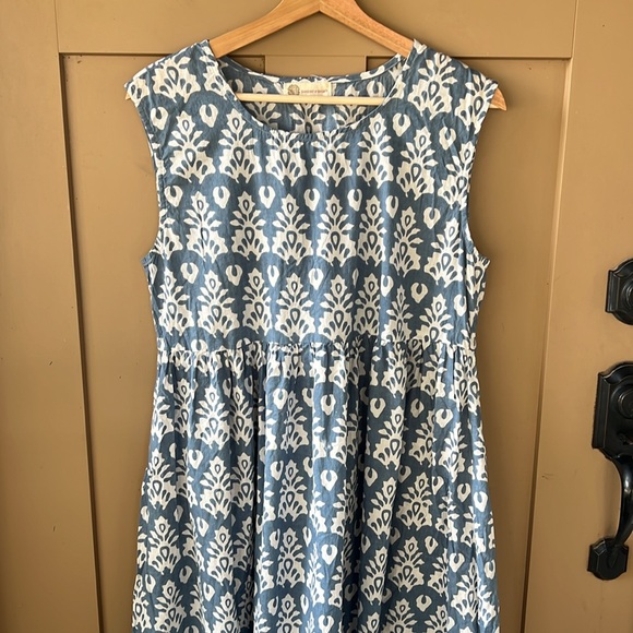 Giardino D”oriente Blue White Cotton Summer Midi Dress Geometric Large - Picture 2 of 8